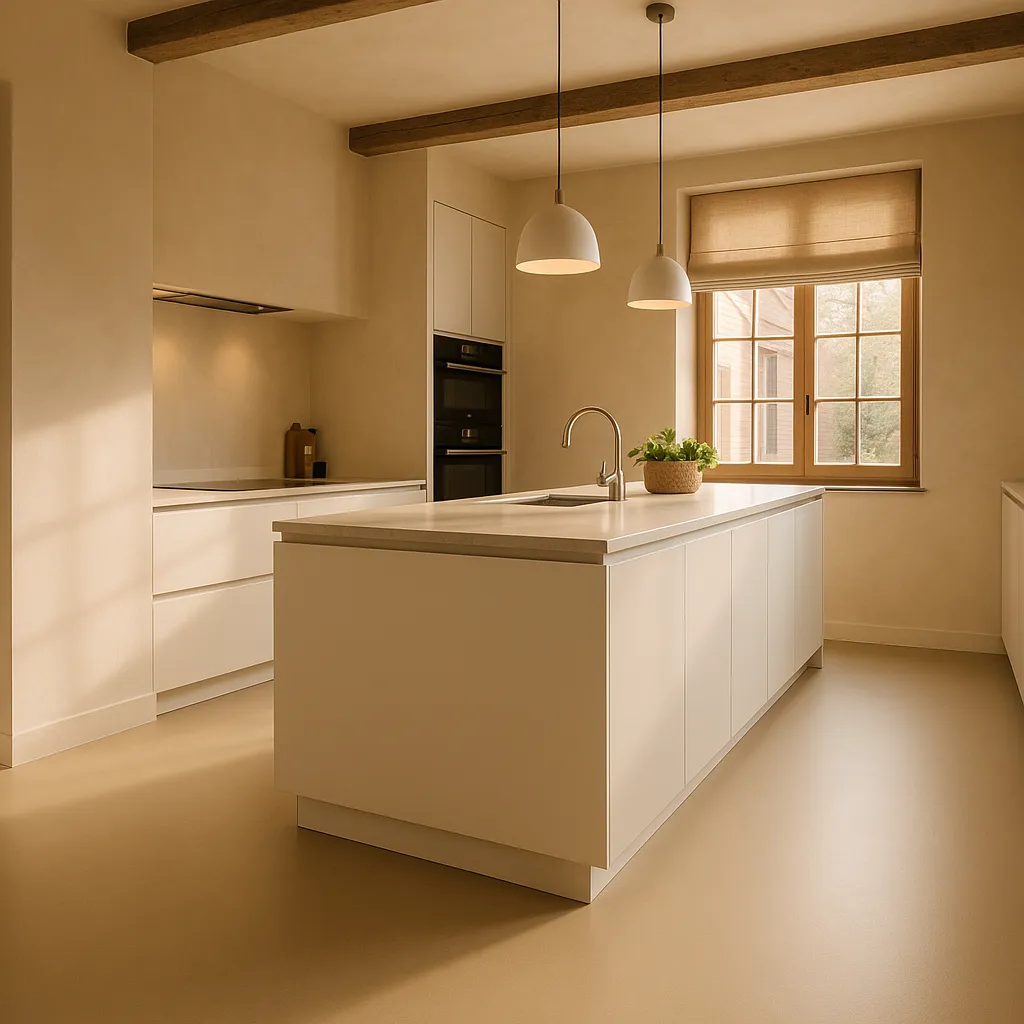 Belgische keuken met naadloze beige polyurethaan gietvloer